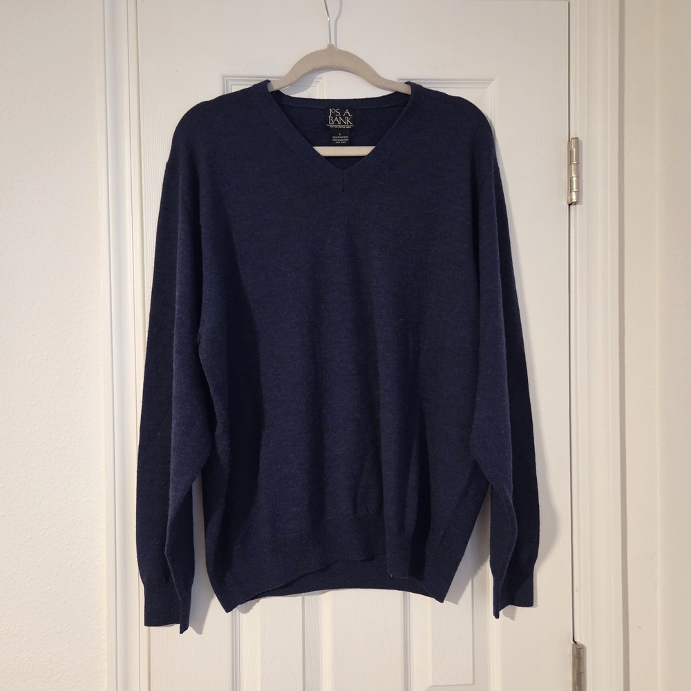 Jos. A. Bank Mens L Sweater Navy Blue V-Neck Knit Pullover Merino Wool